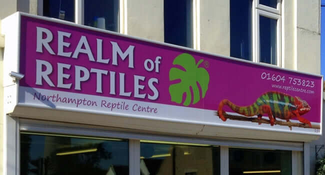 Sign for Northampton Reptile Centre reading 'Realm of Reptiles,' promoting reptile hobby and business.