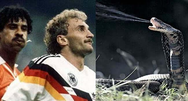 Can you link World Cup memories to reptiles? Image of a football player and a snake.