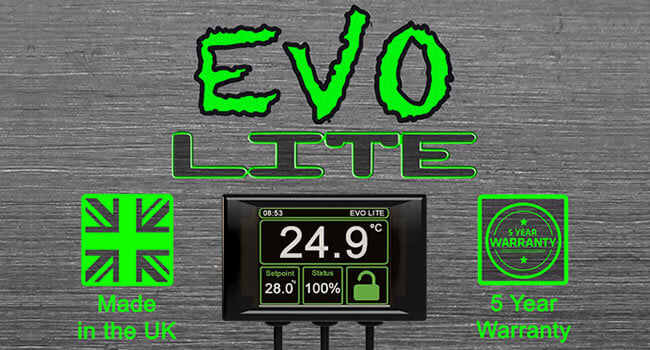 New Microclimate Evo Lite Thermostats in 6 Colours! showing display with temperature and warranty information.