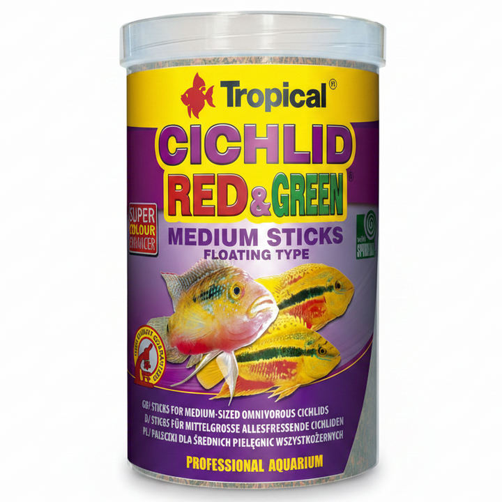 A cylindrical plastic jar of Tropical Cichlid Red &amp; Green Medium Sticks Floating Type aquarium food, featuring a yellow and purple label with illustrations of red and green cichlids.
