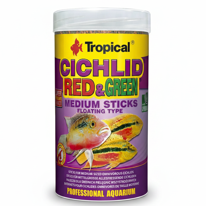A cylindrical plastic jar of Tropical Cichlid Red &amp; Green Medium Sticks Floating Type fish food, featuring a yellow and purple label with illustrations of red and green cichlids.