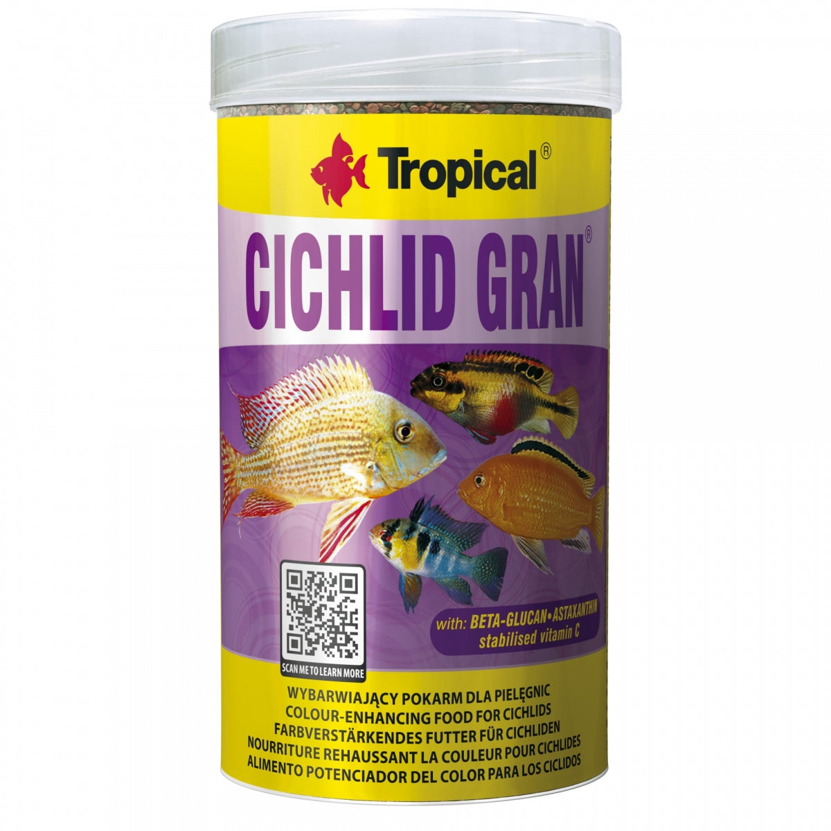 A cylindrical plastic jar of Tropical Cichlid Gran food for cichlids, featuring a yellow and purple label with illustrations of various cichlid fish.