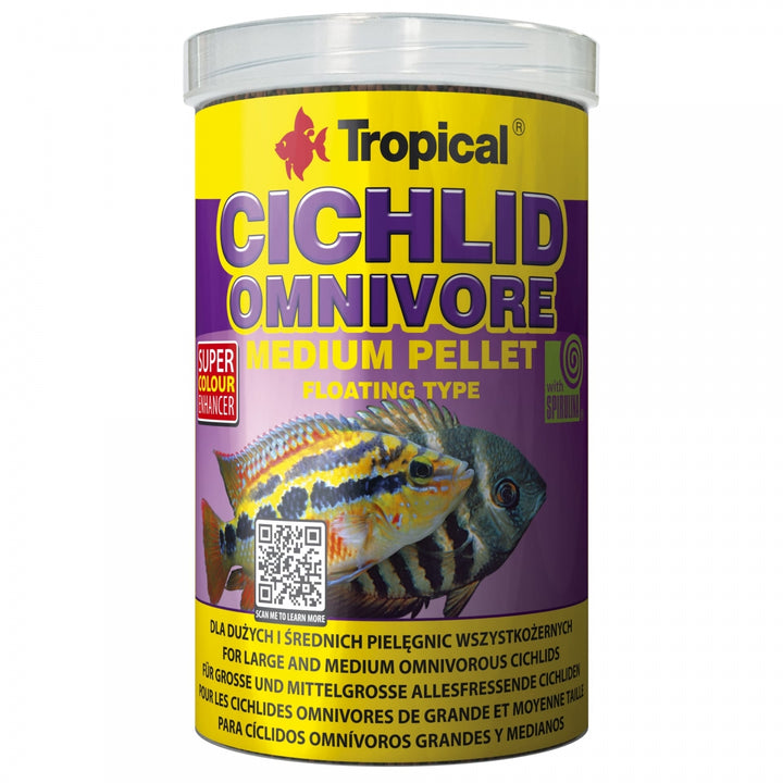 A cylindrical plastic jar of Tropical Cichlid Omnivore Medium Pellet floating type fish food, featuring a yellow and purple label with a striped cichlid fish illustration.