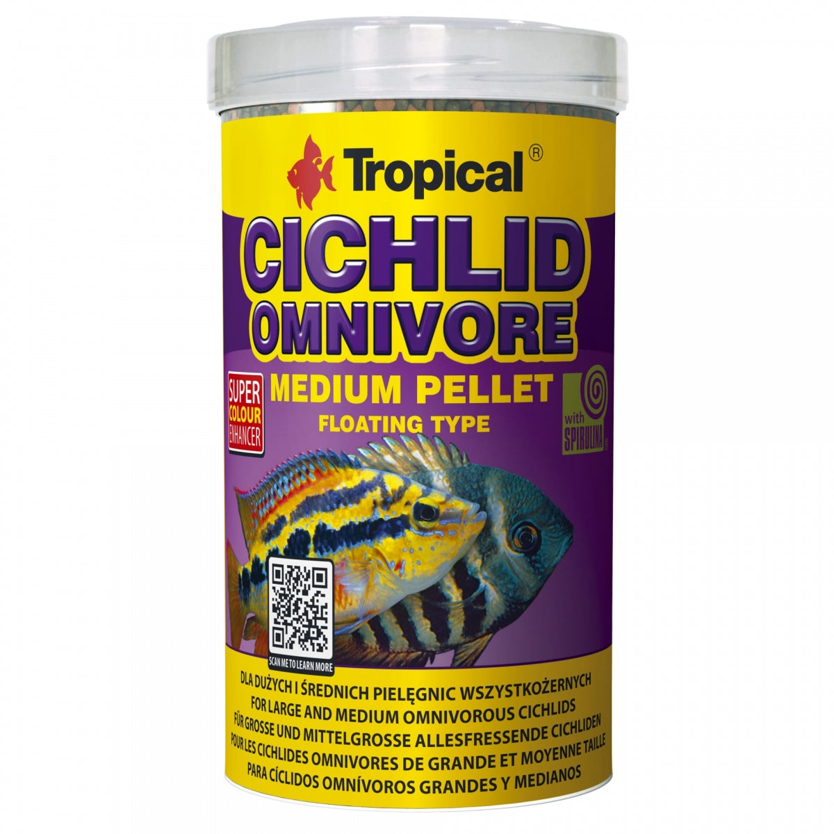 A cylindrical plastic jar of Tropical Cichlid Omnivore Medium Pellet floating type fish food, featuring a yellow and purple label with a striped cichlid fish illustration.