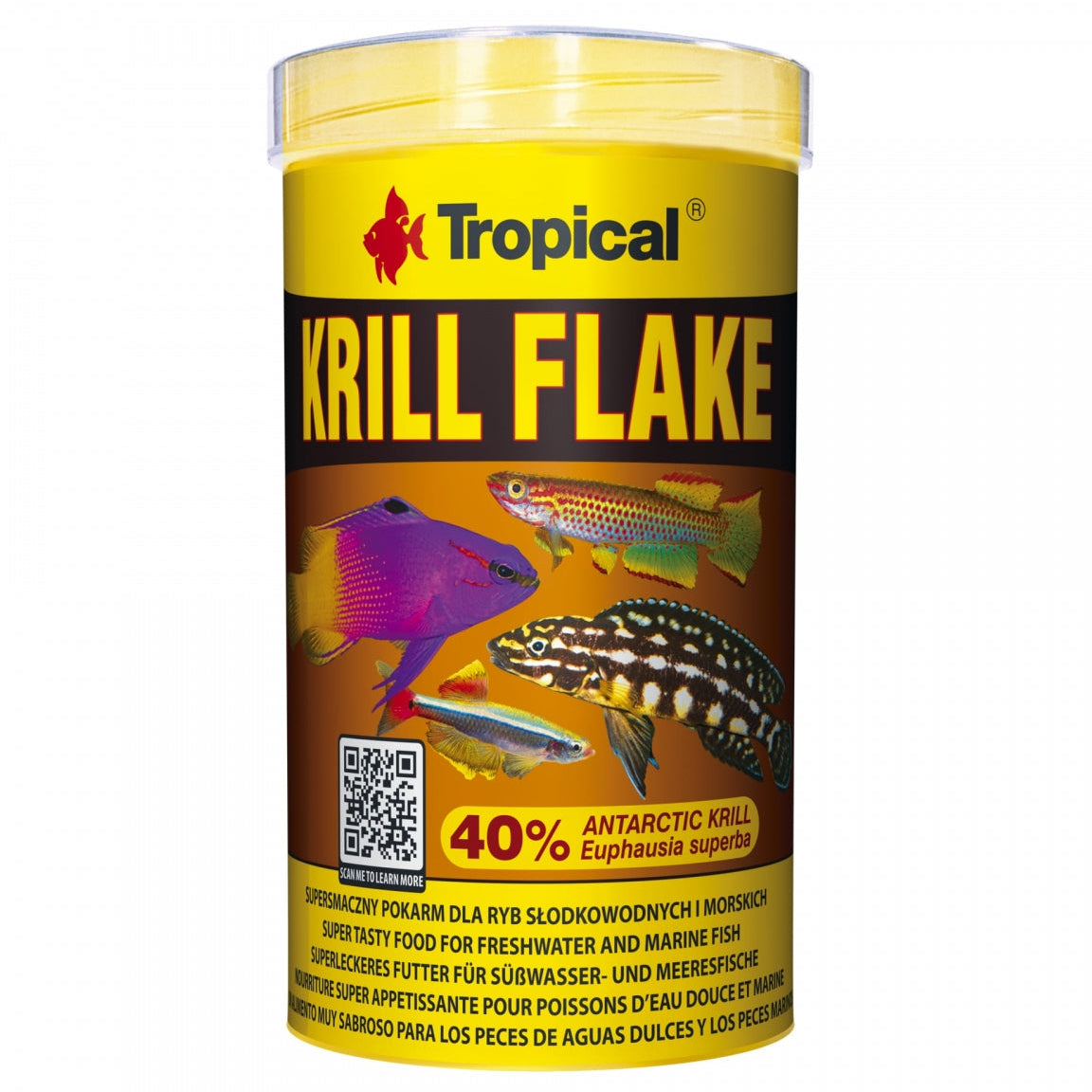 A cylindrical plastic canister of Tropical Krill Flake fish food, featuring a yellow lid and a yellow and black label with illustrations of various fish.