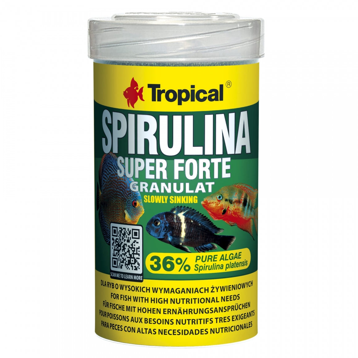 A cylindrical plastic jar of Tropical Spirulina Super Forte Granulat slow sinking fish food, featuring a yellow and green label with illustrations of colorful fish.