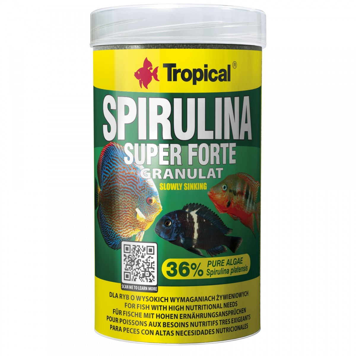 A cylindrical plastic jar of Tropical Spirulina Super Forte Granulat fish food, featuring a green and yellow label with images of various fish and a QR code.