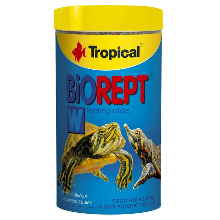 A cylindrical plastic container of Tropical Biorept W floating sticks food for aquatic and semi-aquatic turtles, featuring a blue label with turtle illustrations and a bright yellow lid, set against a plain white background.