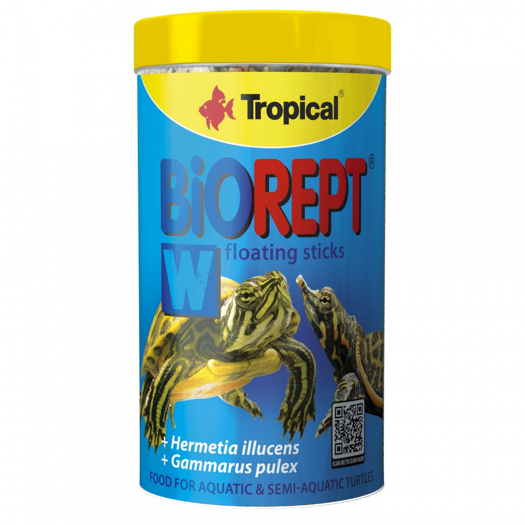 A cylindrical plastic canister of Tropical BioRept W floating sticks food for aquatic and semi-aquatic turtles, featuring a bright blue label with turtle illustrations and a yellow lid.