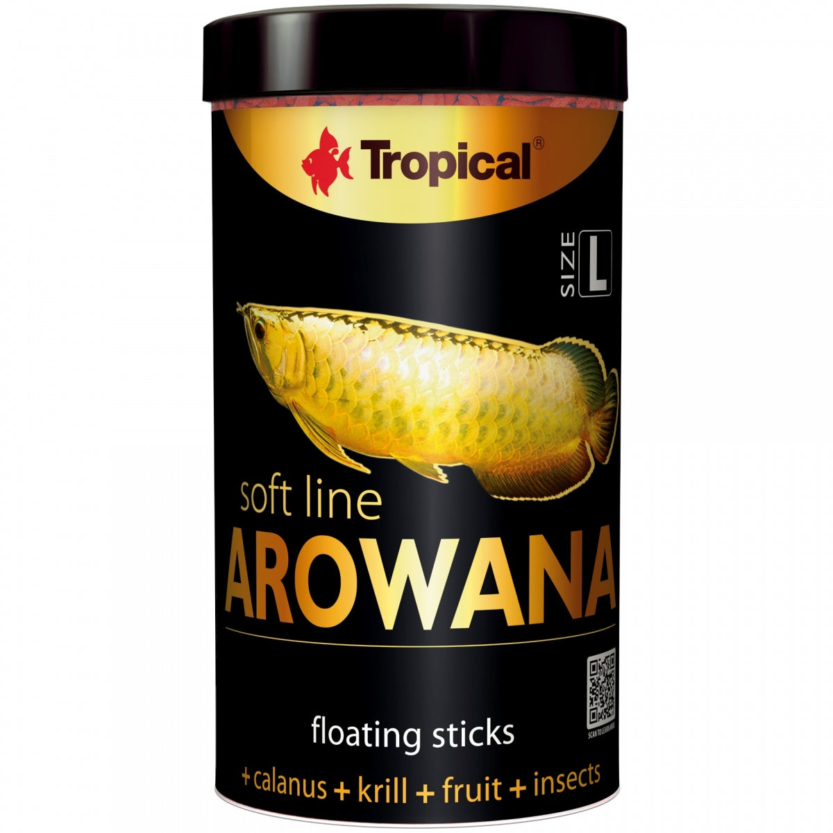 A cylindrical black container of Tropical Soft Line Arowana floating sticks fish food, featuring a gold and black label with an illustration of an arowana fish.