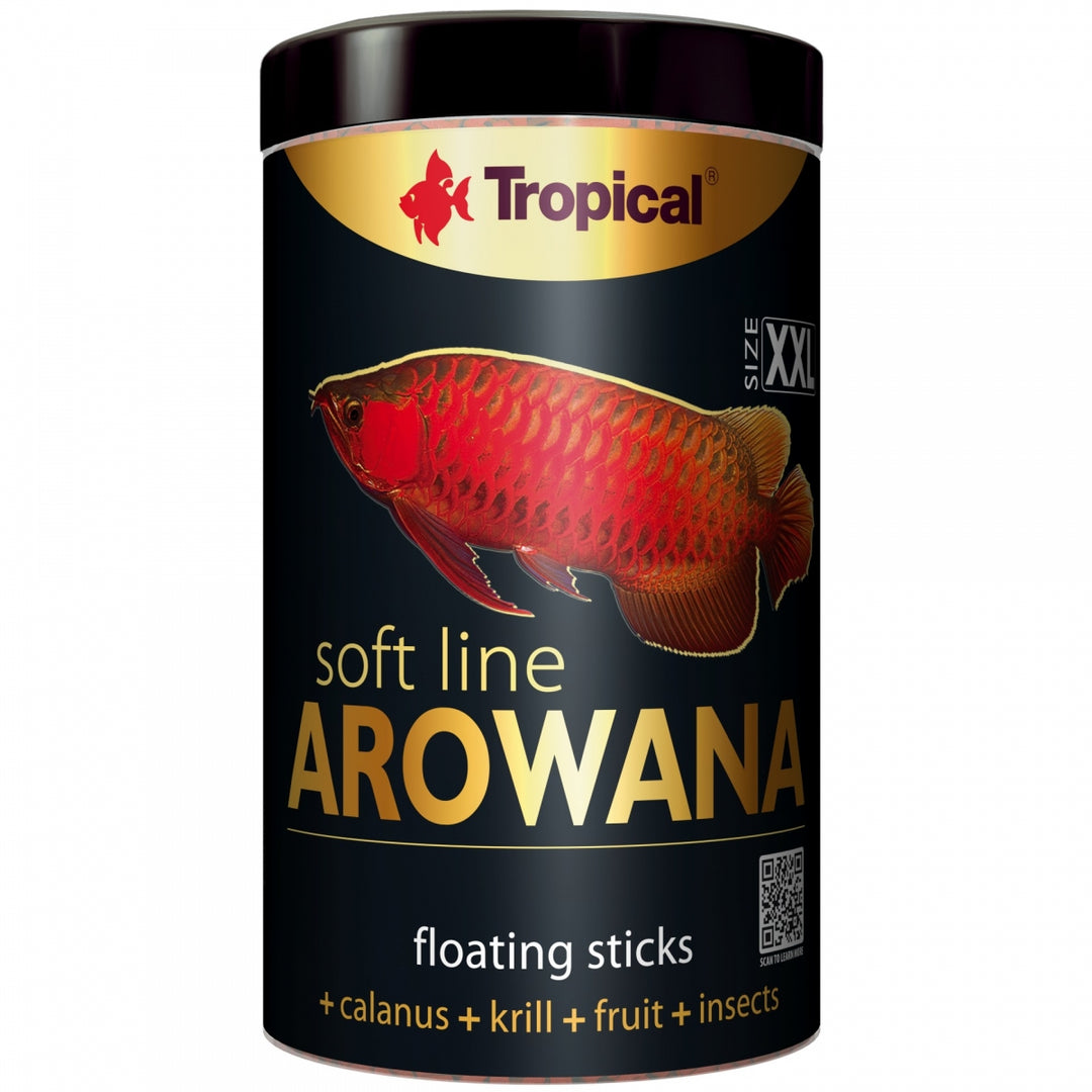 Tropical Arowana fish food canister with a red fish illustration on a black background