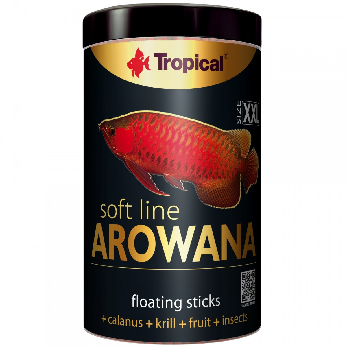 Tropical Arowana fish food canister with a red fish illustration on a black background