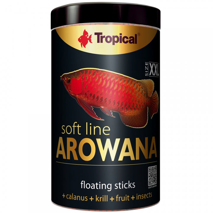 Tropical Arowana fish food canister with a red fish illustration on a black background