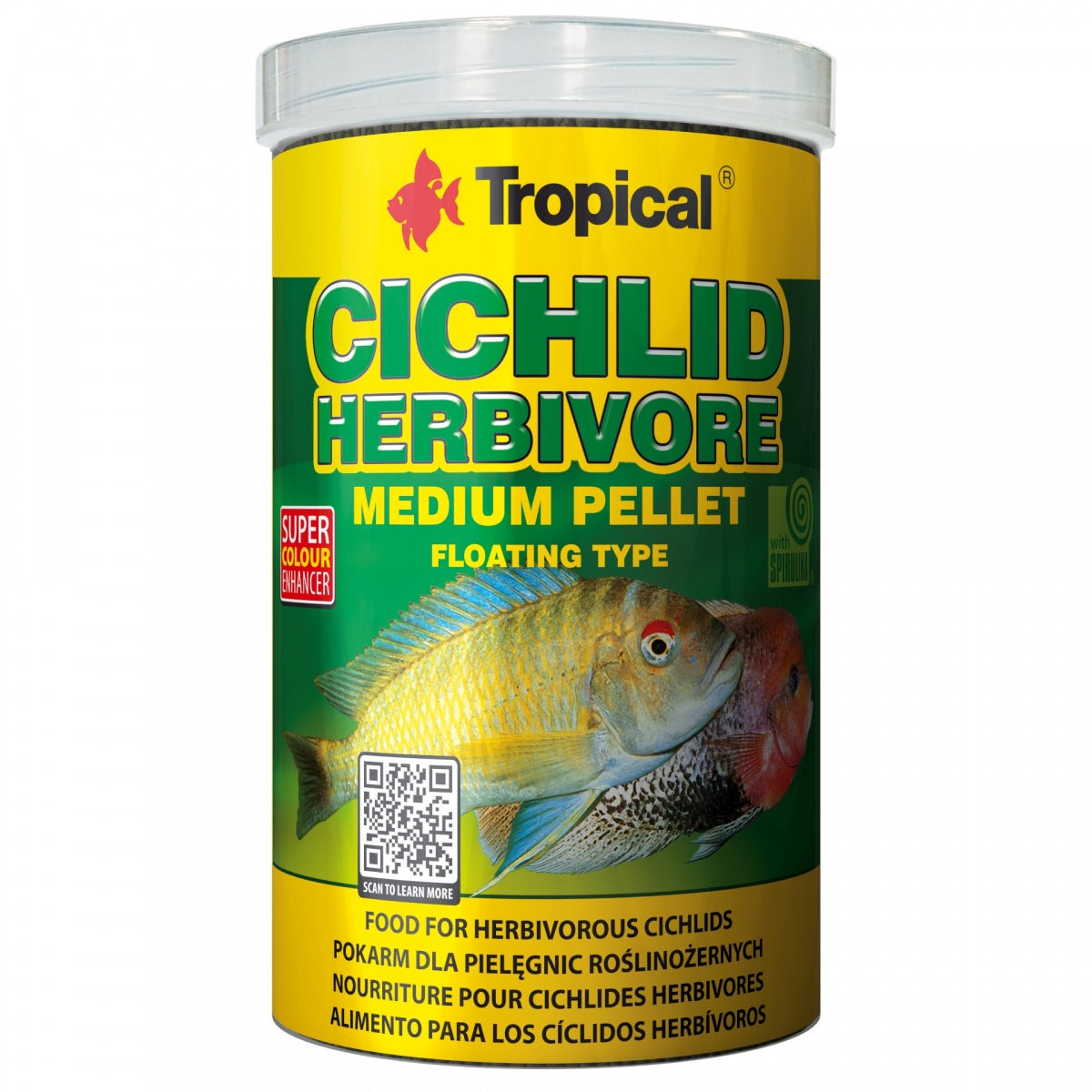 A cylindrical plastic canister of Tropical Cichlid Herbivore Medium Pellet floating fish food, featuring a yellow and green label with a fish illustration, on a white background.