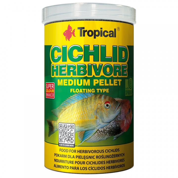 A cylindrical plastic canister of Tropical Cichlid Herbivore Medium Pellet floating fish food, featuring a yellow and green label with a fish illustration, on a white background.