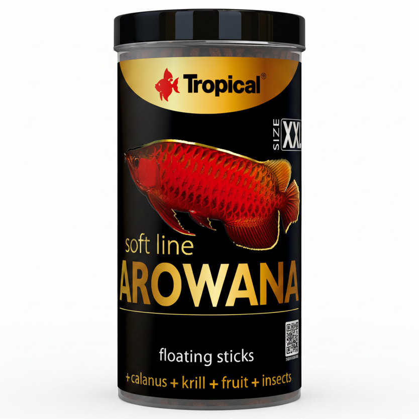 Tropical Arowana fish food canister with a red fish illustration on a white background