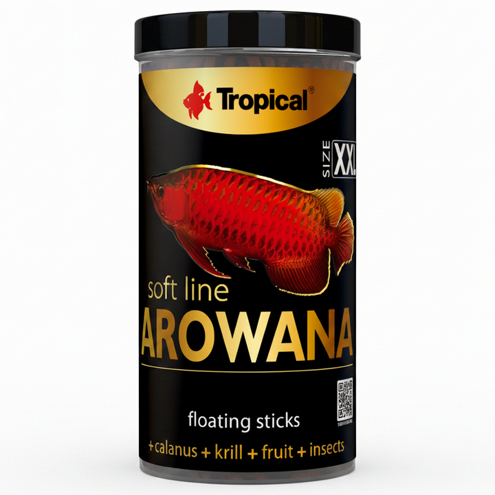 Tropical Arowana fish food canister with a red fish illustration on a white background