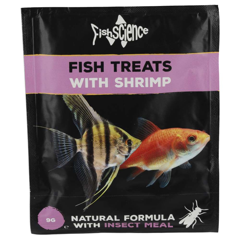 Fish science fish treats with shrimp packaging on a white background