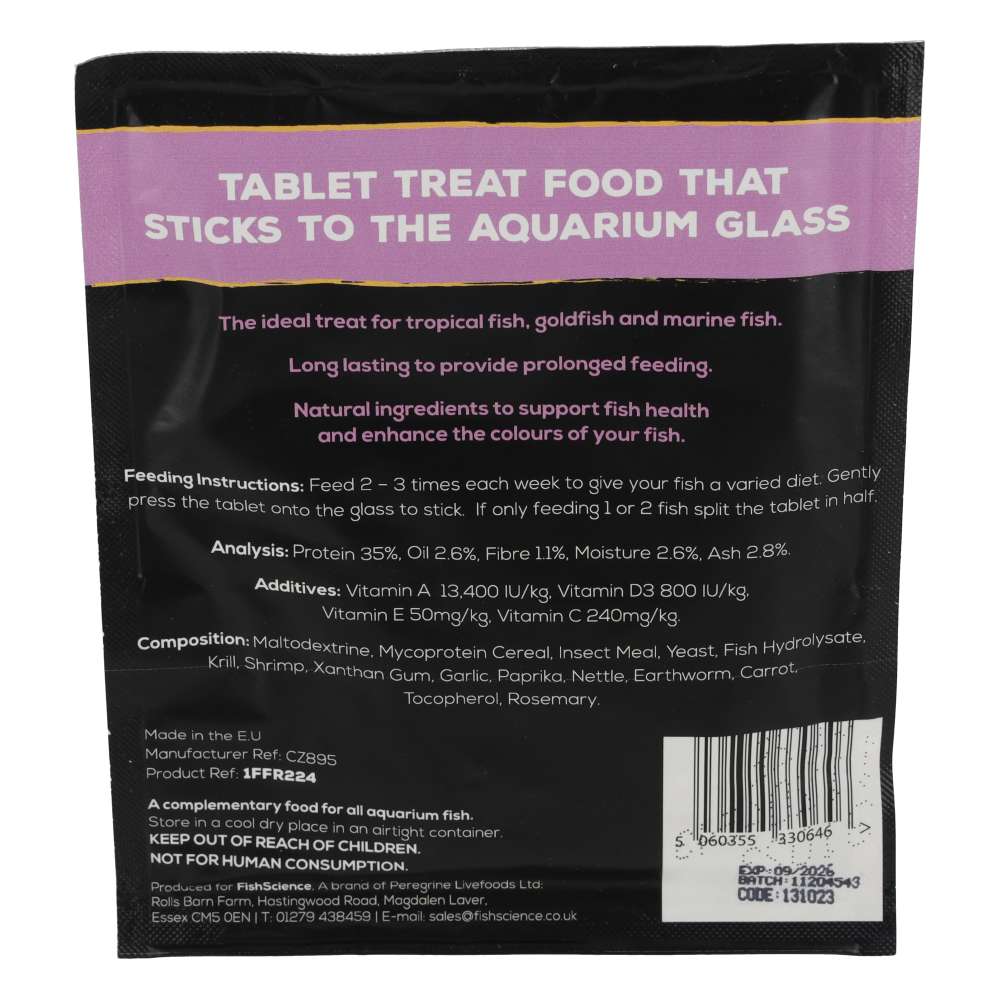 Back of a packaging for fish treat food with text and nutritional information.