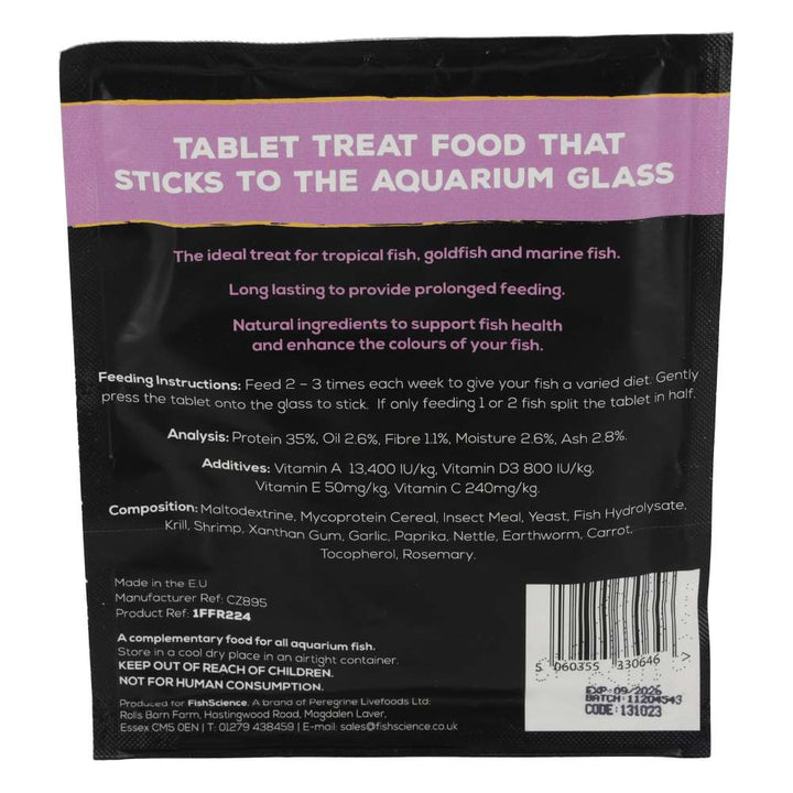 Back of a packaging for fish treat food with text and nutritional information.