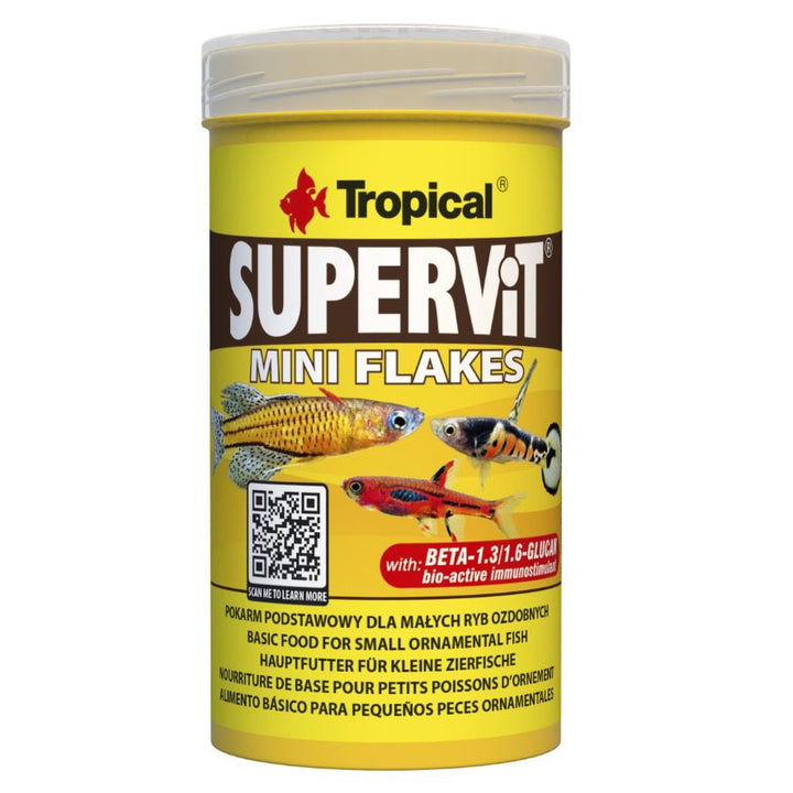 Tropical Supervit Mini Flakes fish food container on a white background
