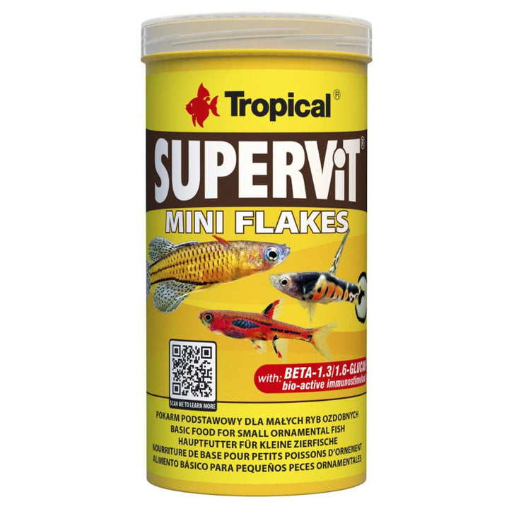 Tropical Supervit Mini Flakes fish food container on a white background