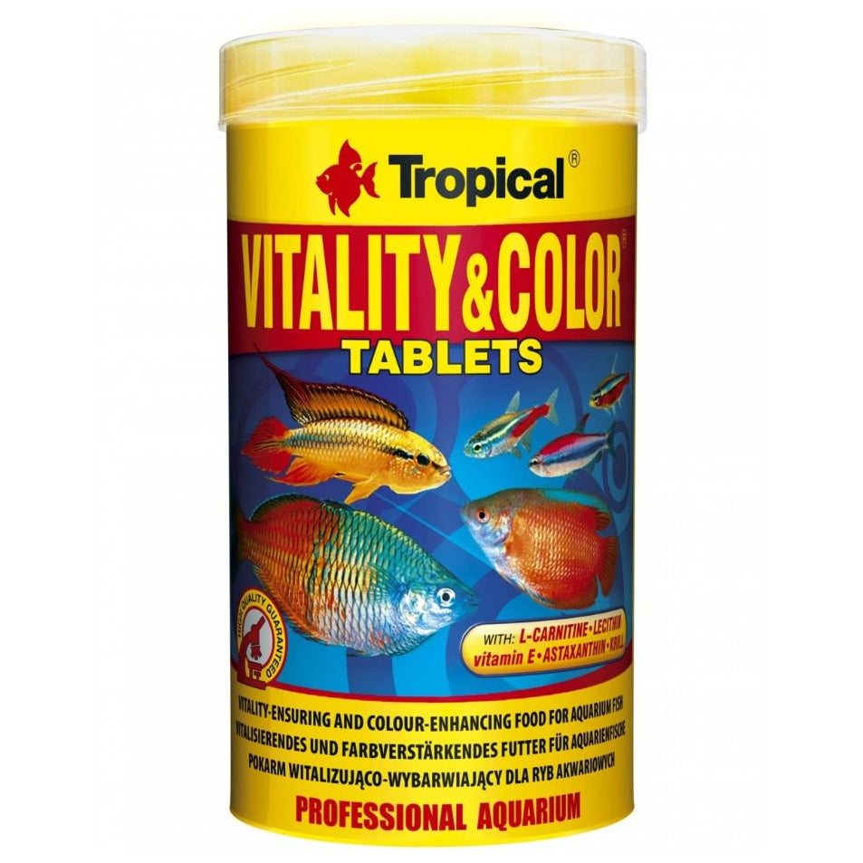 Tropical Vitality & Color Tablets fish food container on a white background