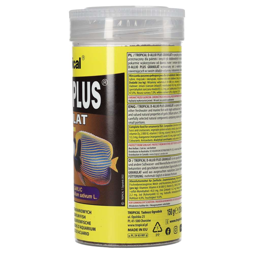 Tropical fish food container with yellow label on a white background