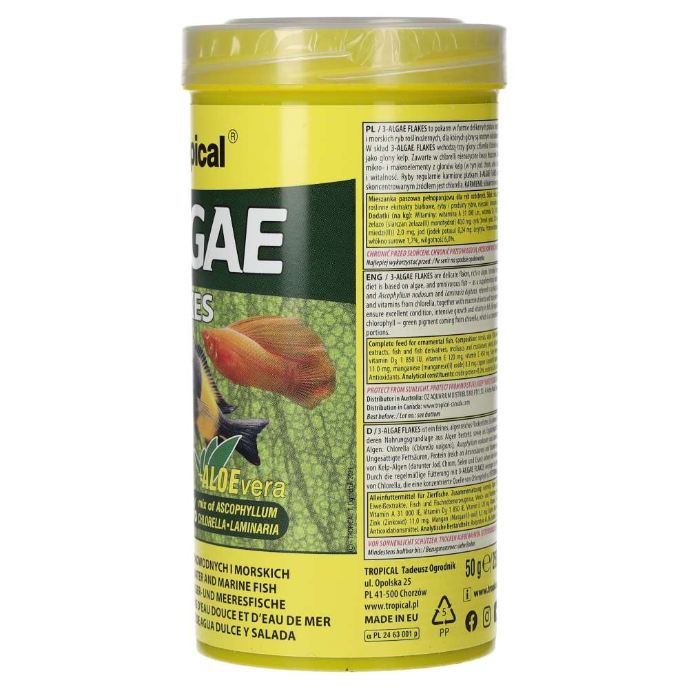 Tropical 3-Algae Flakes container with yellow lid and green label on a white background