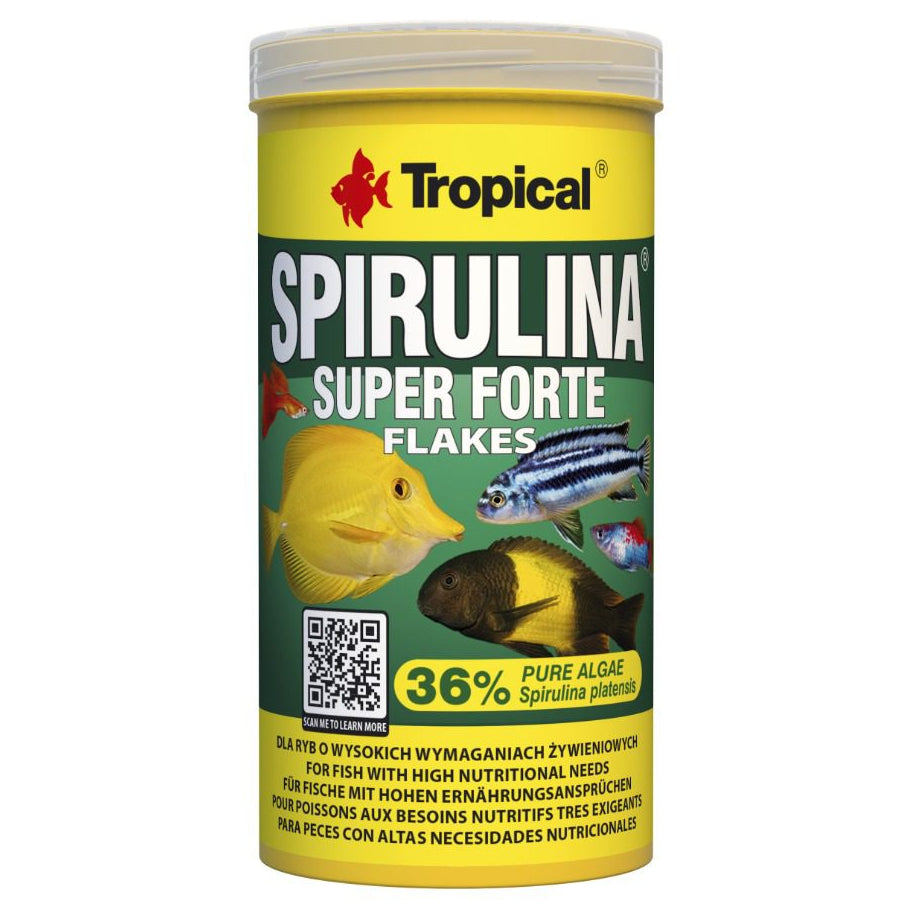 Tropical Spirulina Super Forte flakes fish food container on a white background