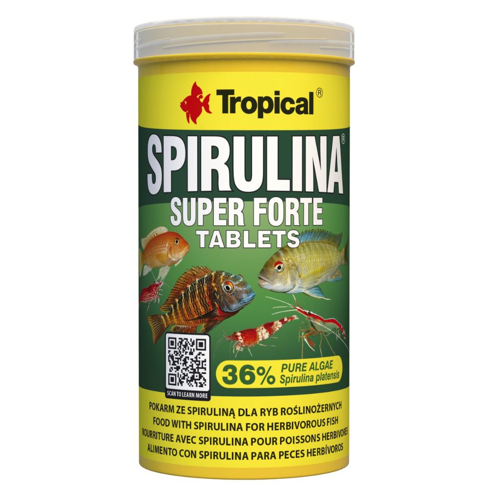 Tropical Spirulina Super Forte Tablets packaging with fish images on a white background