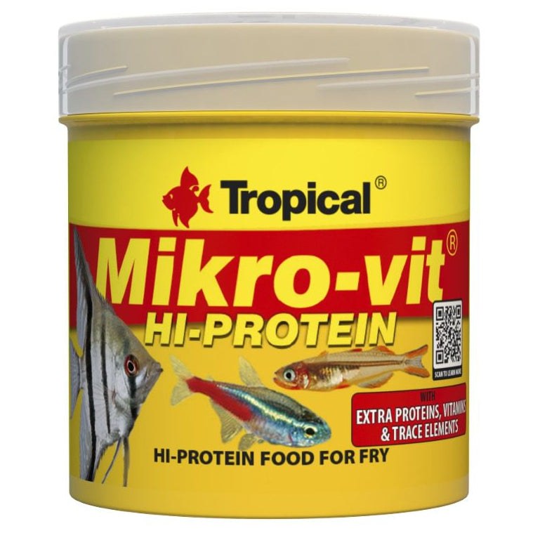 Tropical Mikro-vit Hi-Protein fish food container on a white background