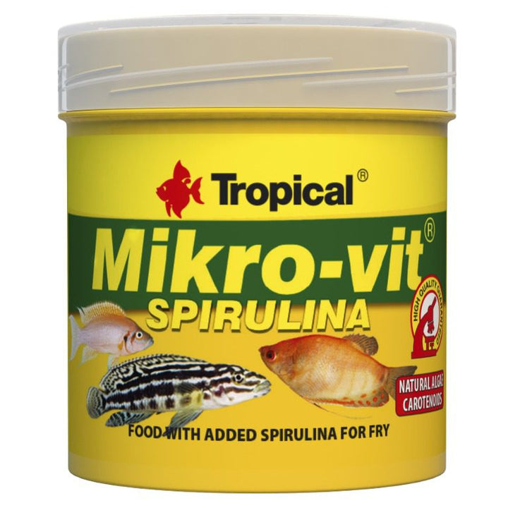 Tropical Mikro-vit Spirulina fish food container on a white background