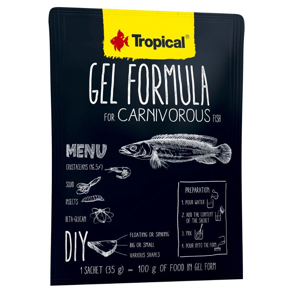Tropical gel formula for carnivorous fish packaging on a white background