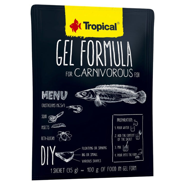Tropical gel formula for carnivorous fish packaging on a white background