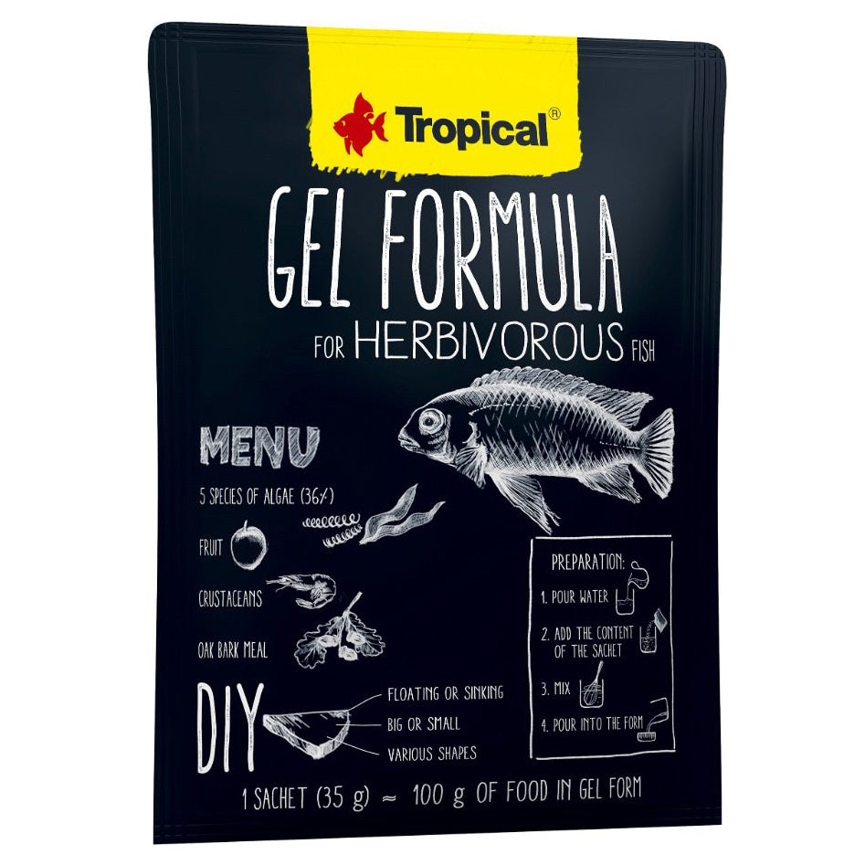 Tropical Gel Formula for herbivorous fish packaging on a white background