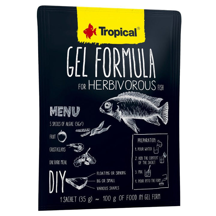 Tropical Gel Formula for herbivorous fish packaging on a white background