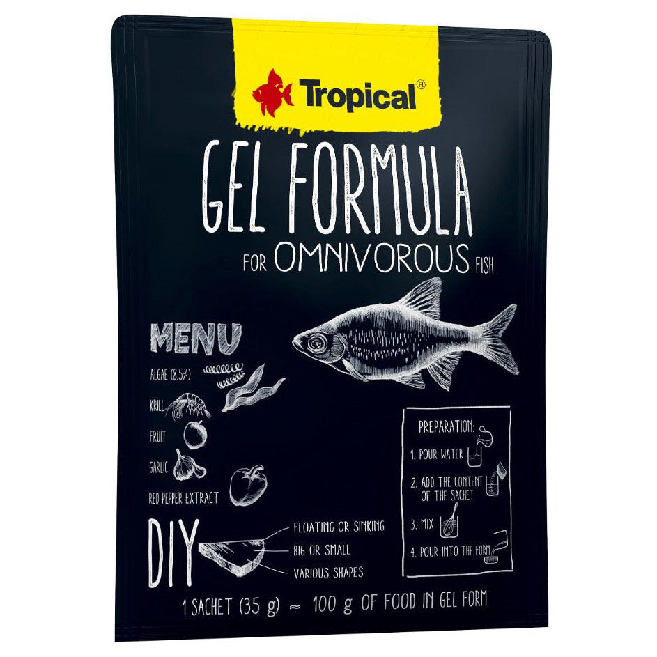 Tropical gel formula packaging for omnivorous fish on a white background