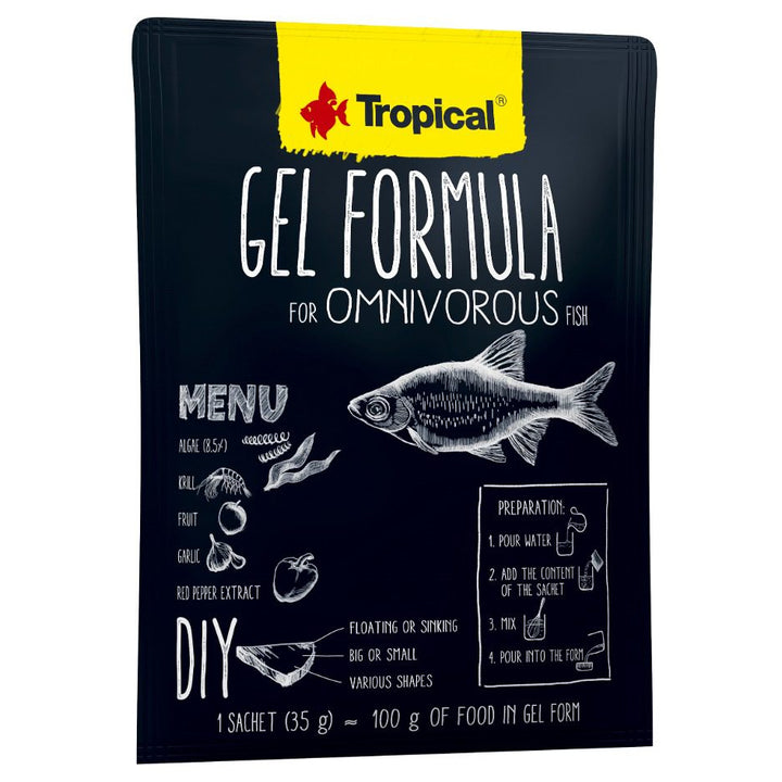 Tropical gel formula packaging for omnivorous fish on a white background