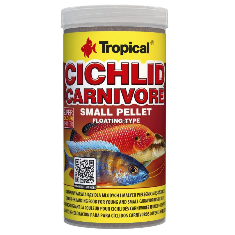 Tropical Cichlid Carnivore fish food container on a white background