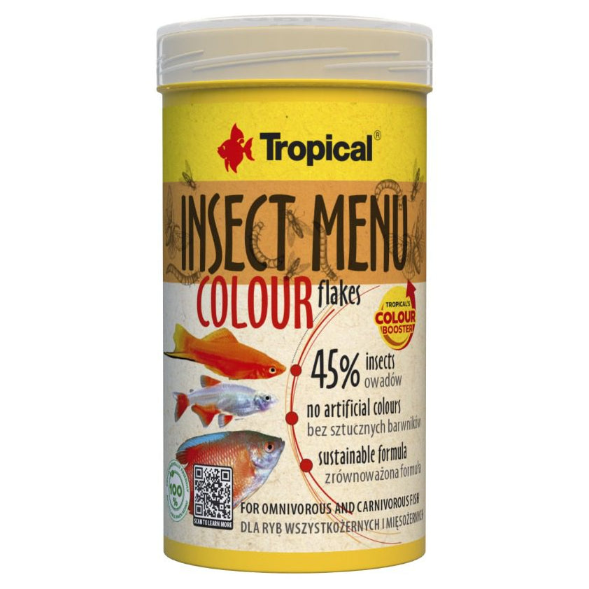Tropical Insect Menu Colour flakes fish food container on a white background