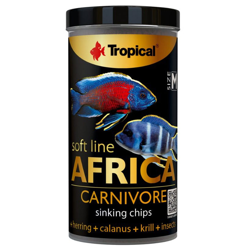 Tropical Africa Carnivore fish food packaging on a white background