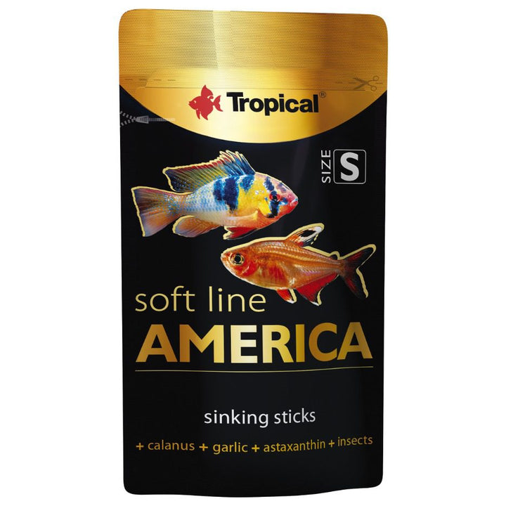Tropical Soft Line America sinking sticks packaging with fish illustration on a white background