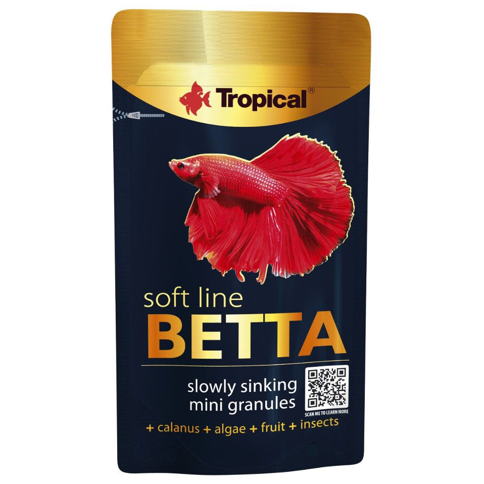 Tropical Betta fish food package with a red fish on a blue background