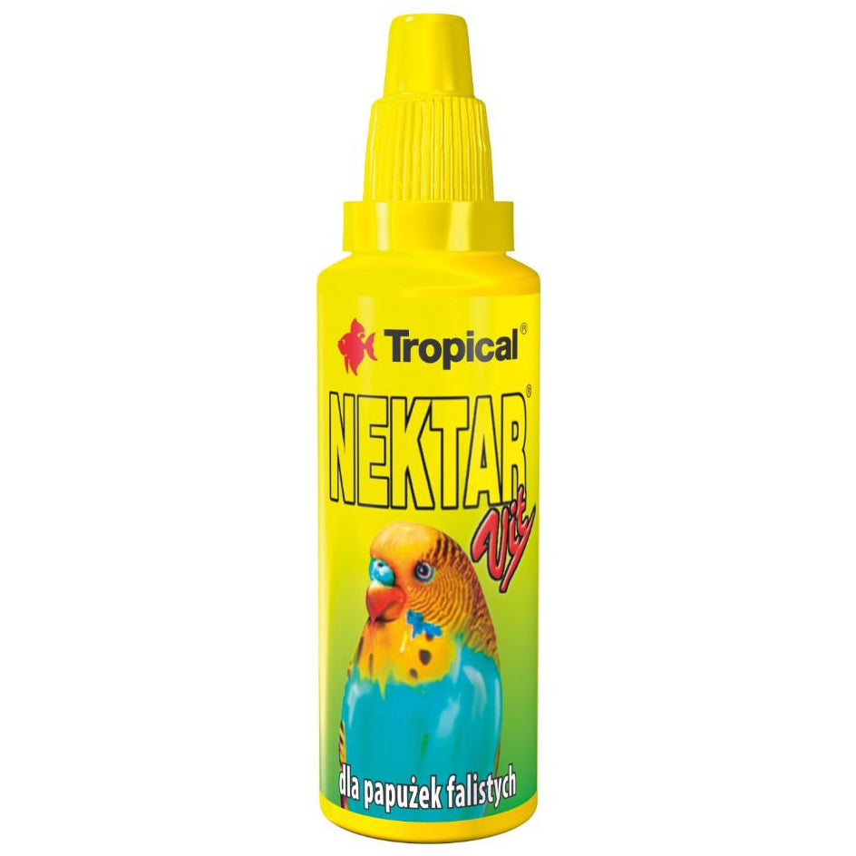Yellow bottle of Tropical Nectar Mix with a colorful parrot illustration on a white background