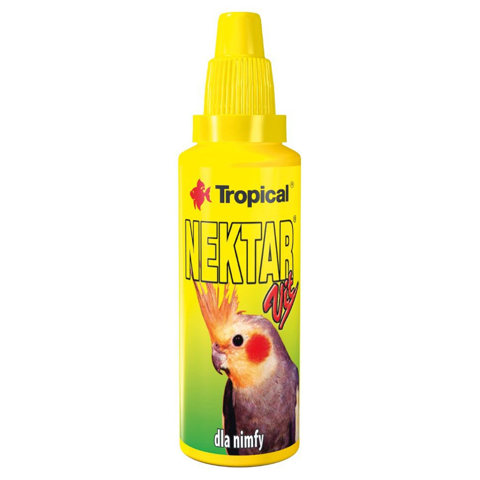 Yellow bottle of Tropical Nectar for birds on a white background