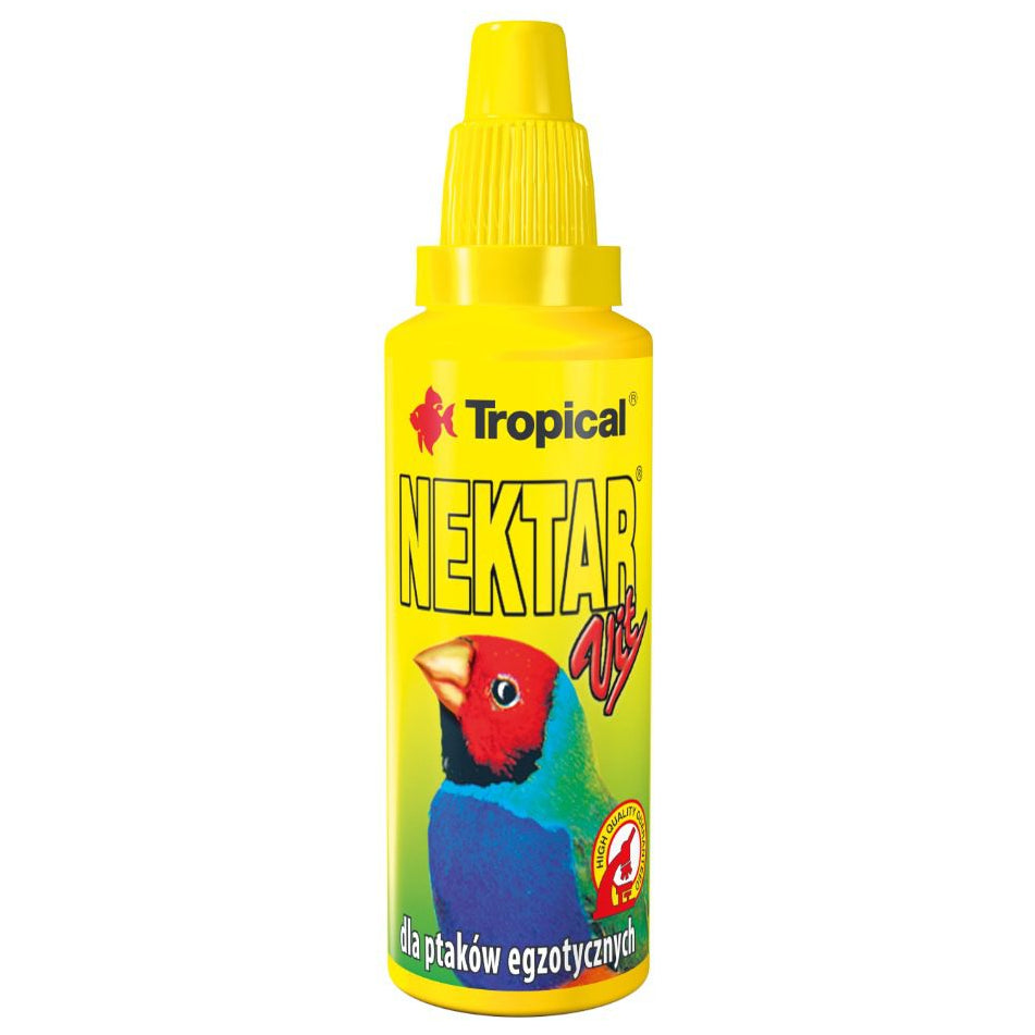 Yellow bottle of Tropical Nectar for birds on a white background