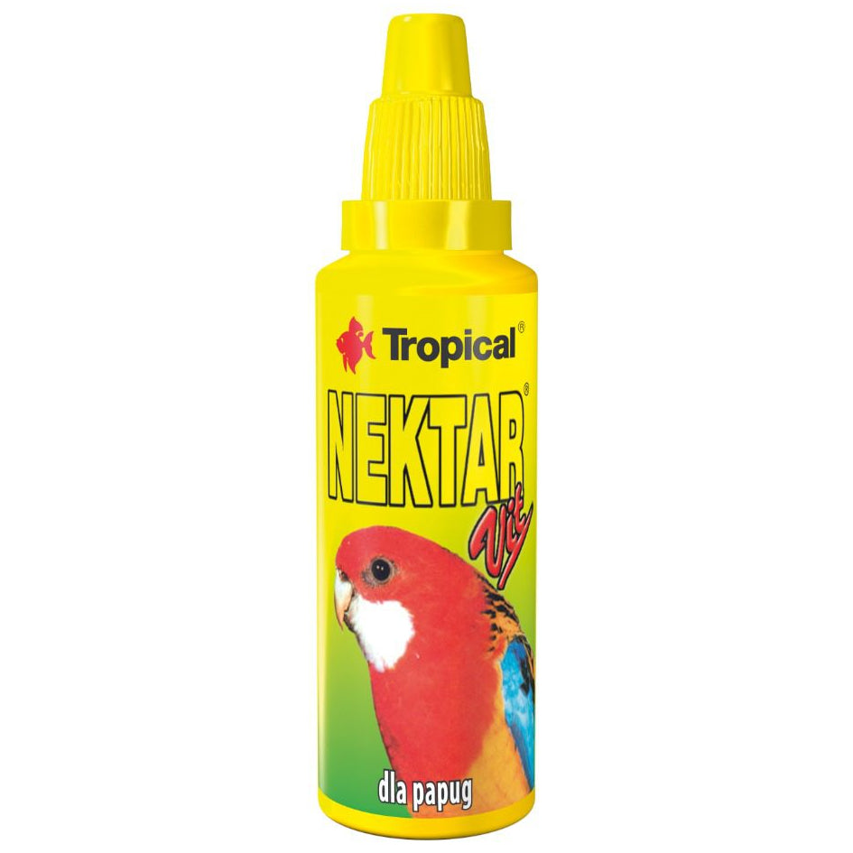 Yellow bottle of Tropical Nectar for birds on a white background