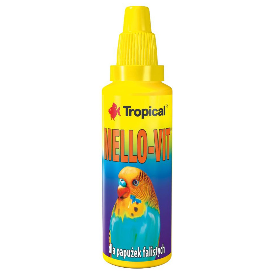 Yellow bottle of Tropical Mello-Vit with a parrot illustration on a white background