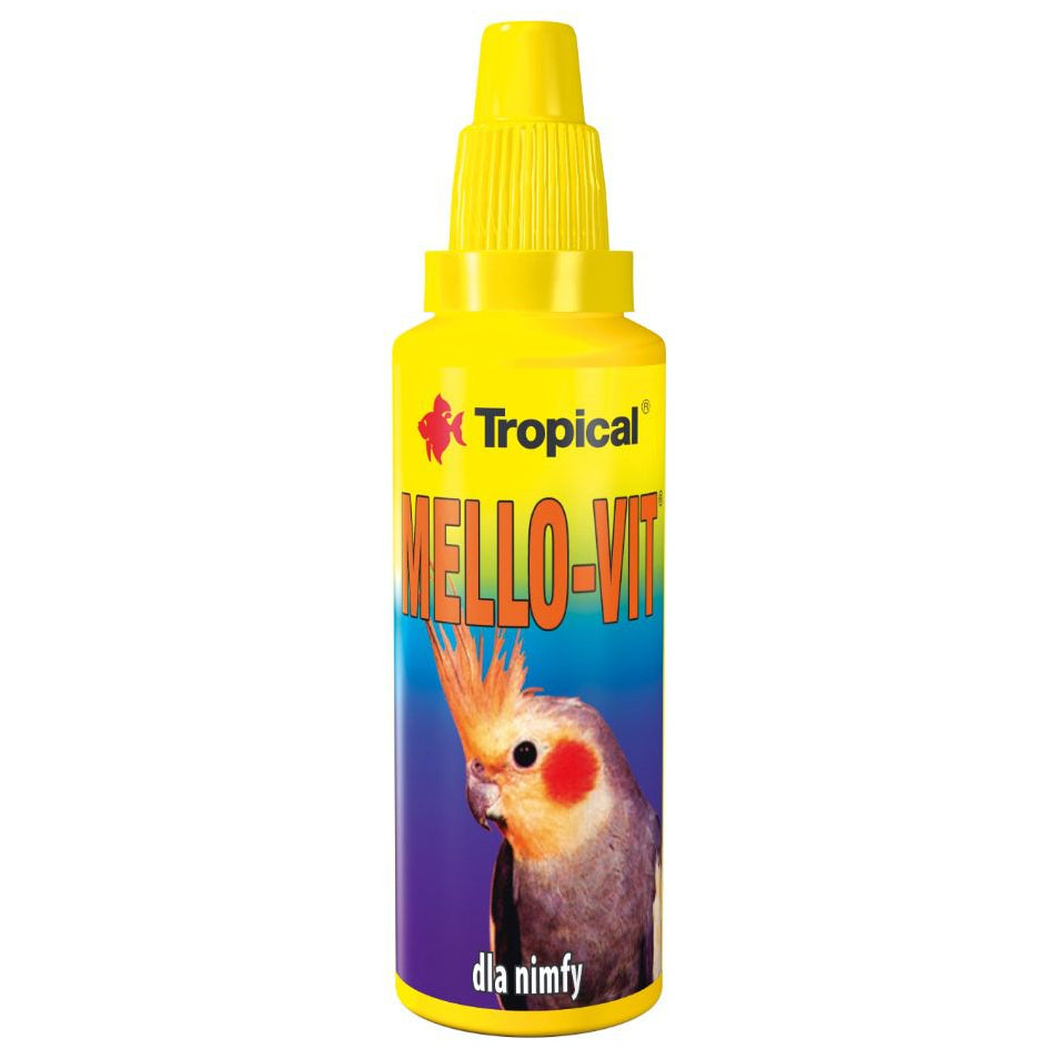 Yellow bottle of Tropical Mello-Vit with a colorful label featuring a parrot on a white background
